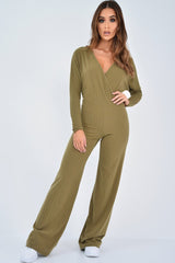 Khaki Wide Leg Rib Plunge Jersey Jumpsuit - Tarlia
