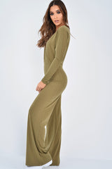Khaki Wide Leg Rib Plunge Jersey Jumpsuit - Tarlia