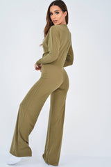 Khaki Wide Leg Rib Plunge Jersey Jumpsuit - Tarlia