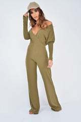 Khaki Wide Leg Rib Plunge Jersey Jumpsuit - Tarlia