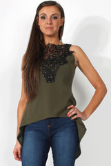 Limu Khaki Mesh Dropped Hem Top