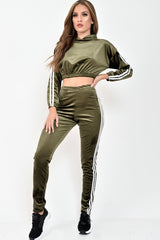 Khaki And White Stripe Velour Cropped Tracksuit - Deymi