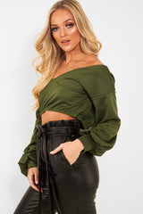 Khaki Plunge off Shoulder Cropped Sweatshirt - Zarah