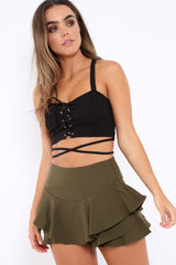 Khaki Frill High Waisted Shorts - Claudelle