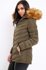 Khaki Padded Coat With Faux Fur Trim Hood - Jocelyn