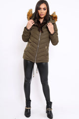 Khaki Padded Coat With Faux Fur Trim Hood - Jocelyn