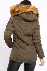 Khaki Padded Coat With Faux Fur Trim Hood - Jocelyn
