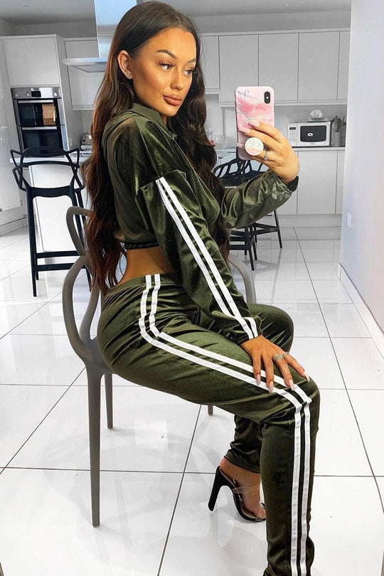 Khaki And White Stripe Velour Cropped Tracksuit - Deymi