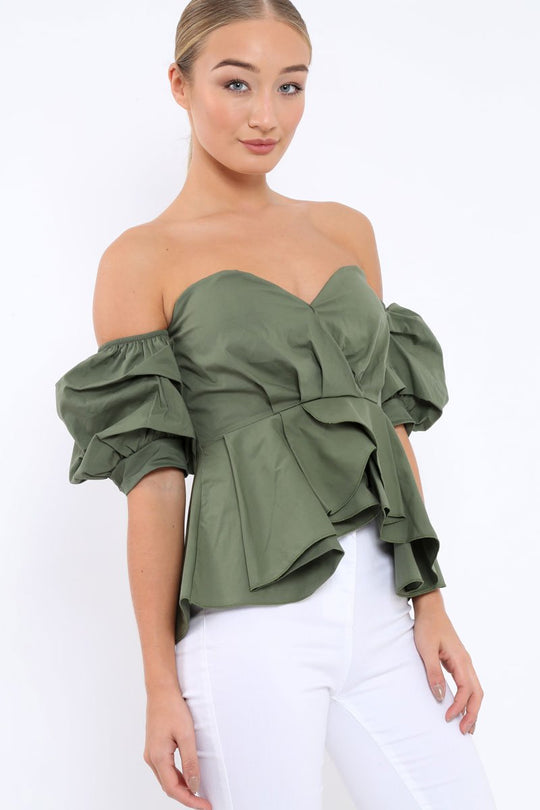 Khaki Sweet Heart Bardot Top with Ruched Sleeves - Kinza