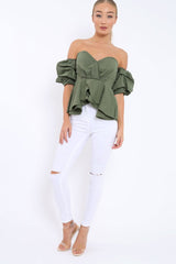 Khaki Sweet Heart Bardot Top with Ruched Sleeves - Kinza