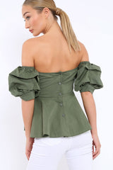 Khaki Sweet Heart Bardot Top with Ruched Sleeves - Kinza