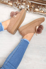 Khaki Faux Suede Pom Pom Trainers - Ellany