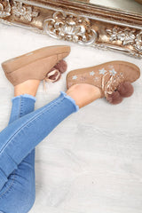 Khaki Faux Suede Pom Pom Trainers - Ellany