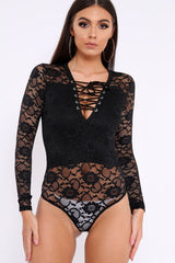 Black Lace Bodysuit with Lace Up Front - Khiana