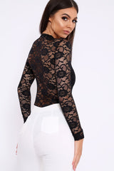 Black Lace Bodysuit with Lace Up Front - Khiana