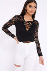 Black Lace Bodysuit with Lace Up Front - Khiana