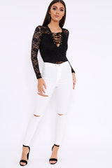 Black Lace Bodysuit with Lace Up Front - Khiana
