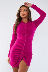 Hot Pink Acetate Slinky Gathered Front Shirt Dress - Gia