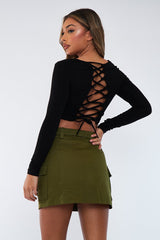 Black Lace Up Back Crop Top - Celia