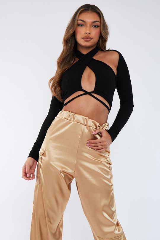 Black Rib Halterneck Two Piece Crop Top - Avan
