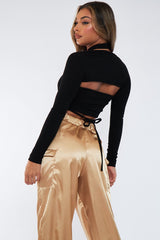 Black Rib Halterneck Two Piece Crop Top - Avan