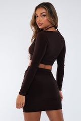 Chocolate Cut Out Tie Front Crop Top & Mini Skirt Set - Kayla