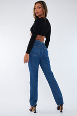 Mid Blue Denim Lace Up Detail Straight Leg Jeans - Eliana