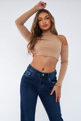 Camel Ribbed Cut Out Shoulders Crop Top - Tyra