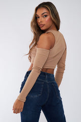 Camel Ribbed Cut Out Shoulders Crop Top - Tyra