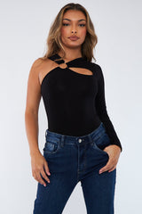Black Slinky Cut Out Ring Detail Bodysuit - Klara