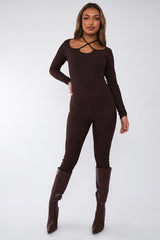 Chocolate Rib Tie Halter Neck Jumpsuit - Asha