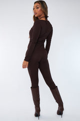 Chocolate Rib Tie Halter Neck Jumpsuit - Asha