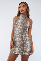 Beige Snake Print PU Halter Neck Mini Dress - Cheryl