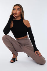 Black Ribbed Cut Out Shoulders Crop Top - Tyra