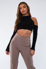 Black Ribbed Cut Out Shoulders Crop Top - Tyra