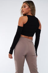 Black Ribbed Cut Out Shoulders Crop Top - Tyra