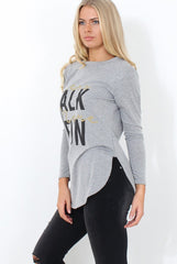 Kari Grey Slogan Curved Hem Top