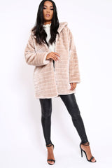 Beige Soft Faux Fur Hooded Coat - Kila