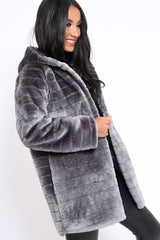 Grey Soft Faux Fur Hooded Coat - Kila