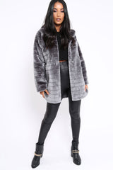 Grey Soft Faux Fur Hooded Coat - Kila