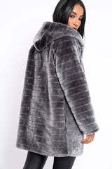 Grey Soft Faux Fur Hooded Coat - Kila
