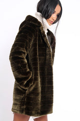 Khaki Soft Faux Fur Hooded Coat - Kila