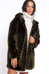 Khaki Soft Faux Fur Hooded Coat - Kila
