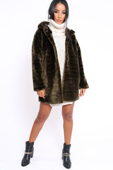 Khaki Soft Faux Fur Hooded Coat - Kila