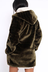 Khaki Soft Faux Fur Hooded Coat - Kila