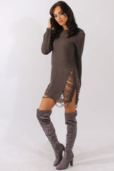 Mocha Distressed Jumper Dress - Kim