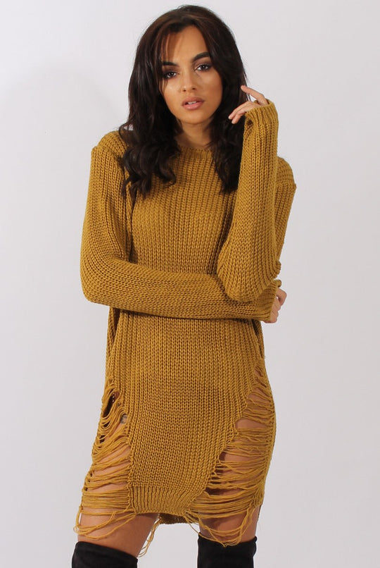 Mustard Distressed Jumper Dress - Kim