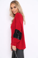 Red Chunky Knit With Black Fur Sleeve Jumper - Kimberly