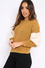Mustard Chunky Knit Cream Fur Sleeve Jumper - Kimberly