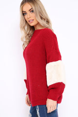 Red Chunky Knit Fur Sleeve Jumper - Kimberly